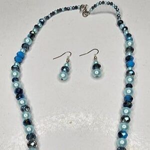 Glass Blue Faceted Beads Blue Faux Pearls Beaded Jewelry Set Necklace Earrings
